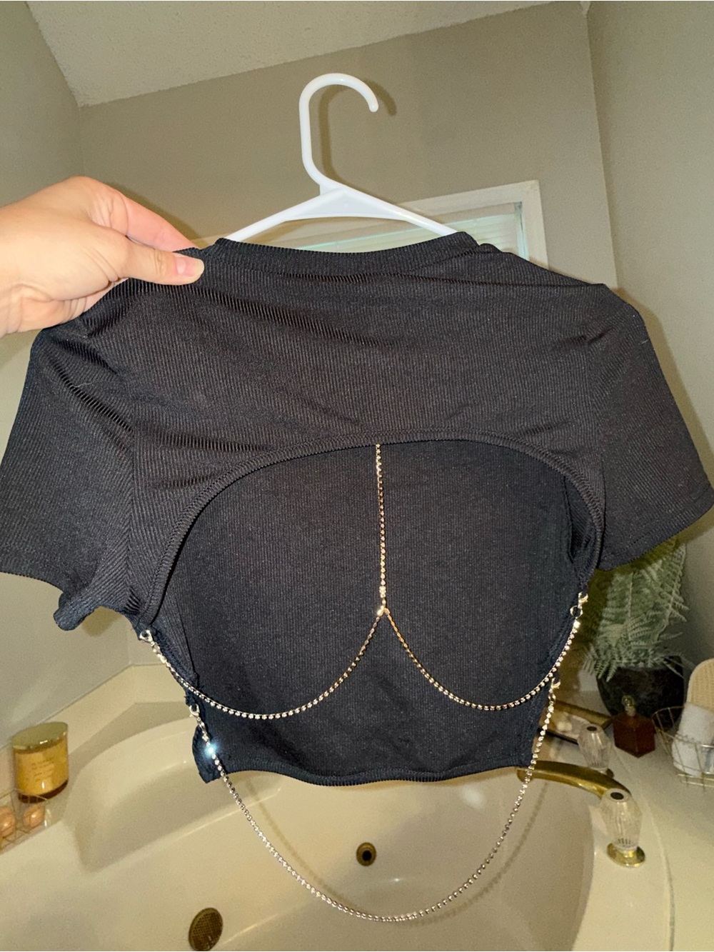 Black Crop Top with Silver Chain Accent NWOT